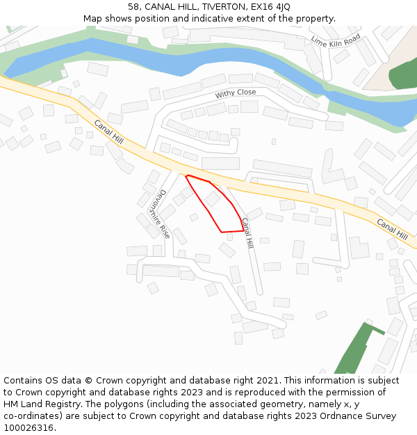 58, CANAL HILL, TIVERTON, EX16 4JQ: Location map and indicative extent of plot