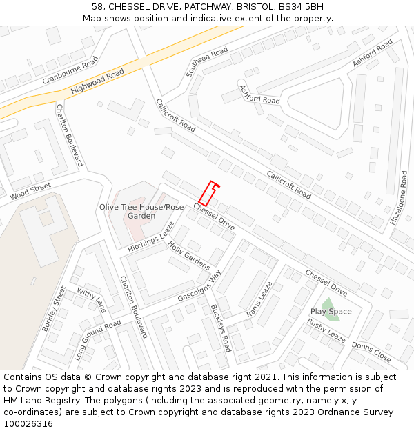 58, CHESSEL DRIVE, PATCHWAY, BRISTOL, BS34 5BH: Location map and indicative extent of plot