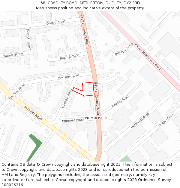 58, CRADLEY ROAD, NETHERTON, DUDLEY, DY2 9RD: Location map and indicative extent of plot