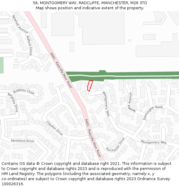 58, MONTGOMERY WAY, RADCLIFFE, MANCHESTER, M26 3TG: Location map and indicative extent of plot