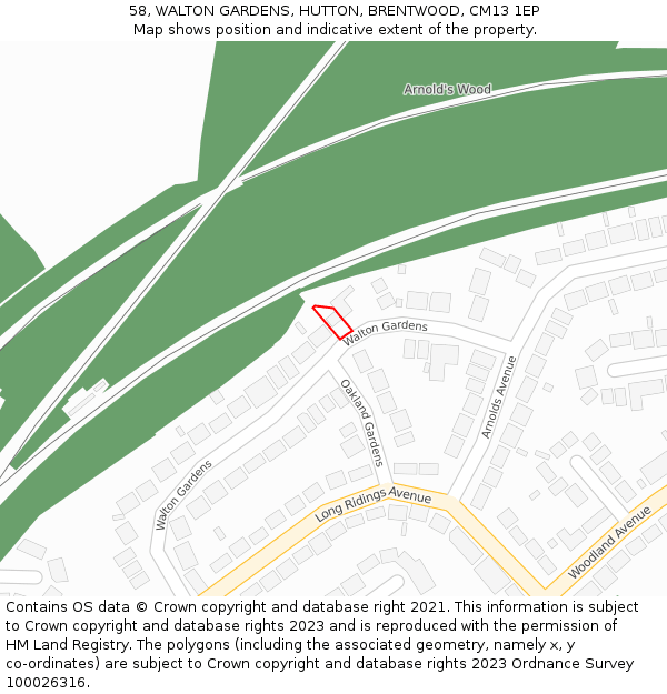 58, WALTON GARDENS, HUTTON, BRENTWOOD, CM13 1EP: Location map and indicative extent of plot