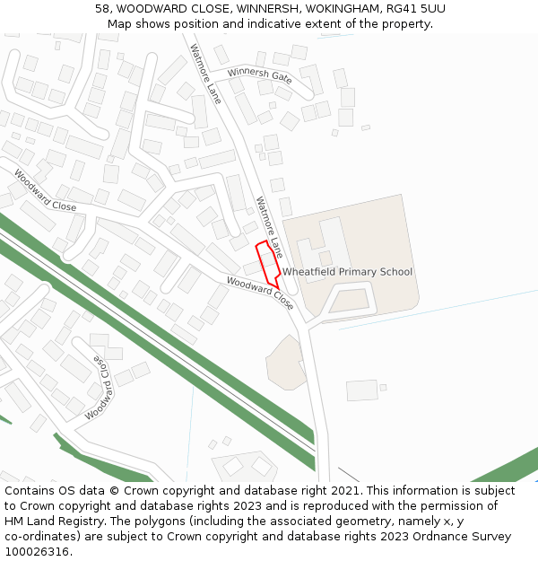 58, WOODWARD CLOSE, WINNERSH, WOKINGHAM, RG41 5UU: Location map and indicative extent of plot