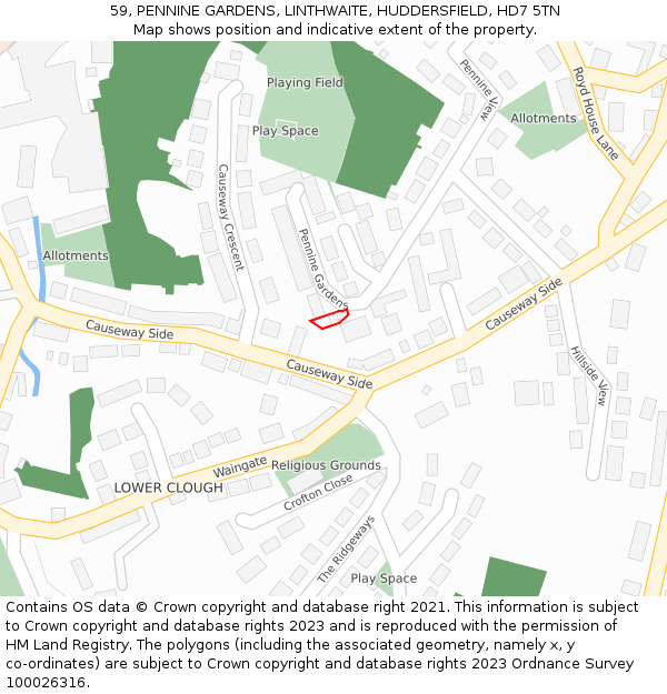 59, PENNINE GARDENS, LINTHWAITE, HUDDERSFIELD, HD7 5TN: Location map and indicative extent of plot