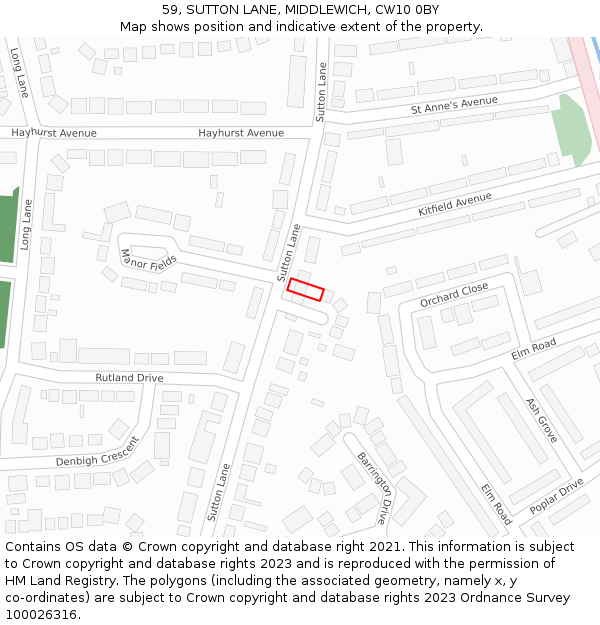 59, SUTTON LANE, MIDDLEWICH, CW10 0BY: Location map and indicative extent of plot