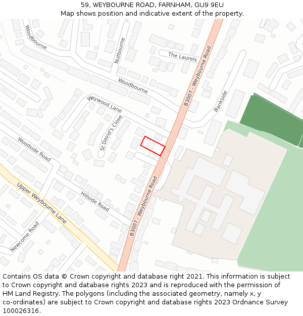 59, WEYBOURNE ROAD, FARNHAM, GU9 9EU: Location map and indicative extent of plot