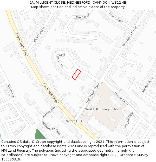 5A, MILLICENT CLOSE, HEDNESFORD, CANNOCK, WS12 4BJ: Location map and indicative extent of plot