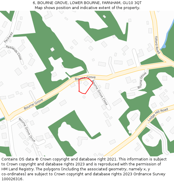6, BOURNE GROVE, LOWER BOURNE, FARNHAM, GU10 3QT: Location map and indicative extent of plot