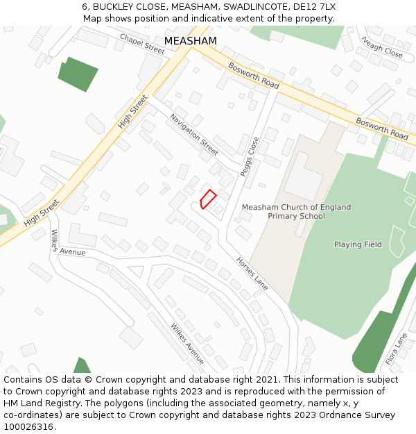 6, BUCKLEY CLOSE, MEASHAM, SWADLINCOTE, DE12 7LX: Location map and indicative extent of plot