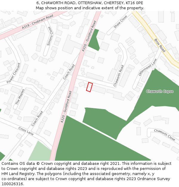 6, CHAWORTH ROAD, OTTERSHAW, CHERTSEY, KT16 0PE: Location map and indicative extent of plot