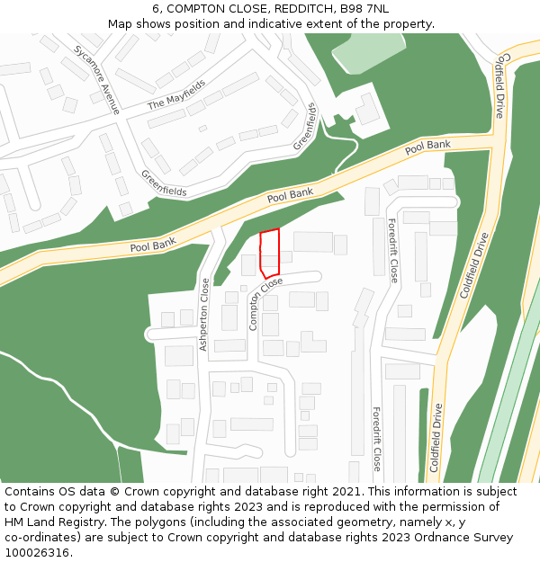 6, COMPTON CLOSE, REDDITCH, B98 7NL: Location map and indicative extent of plot