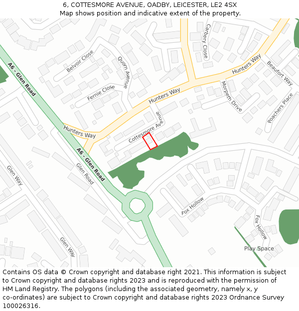 6, COTTESMORE AVENUE, OADBY, LEICESTER, LE2 4SX: Location map and indicative extent of plot