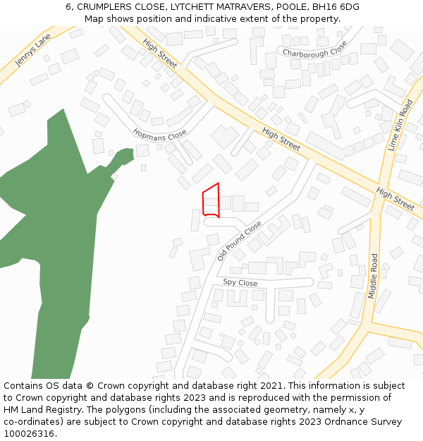 6, CRUMPLERS CLOSE, LYTCHETT MATRAVERS, POOLE, BH16 6DG: Location map and indicative extent of plot