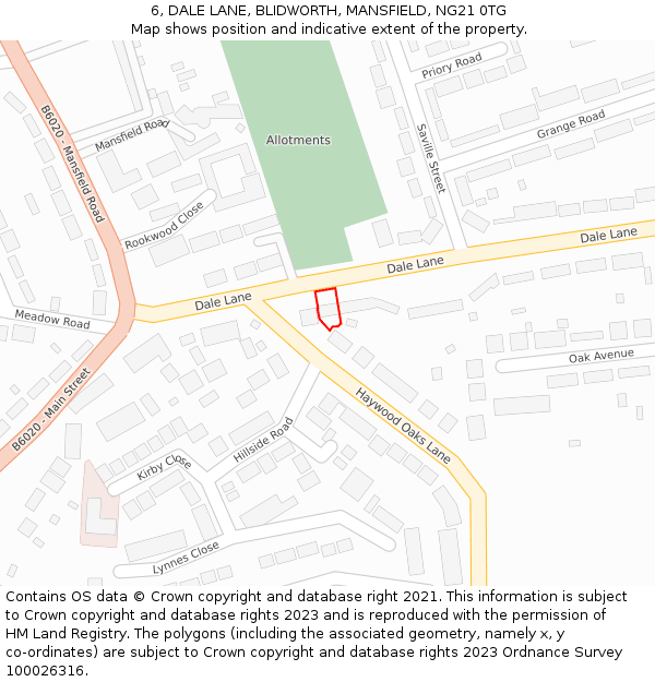 6, DALE LANE, BLIDWORTH, MANSFIELD, NG21 0TG: Location map and indicative extent of plot