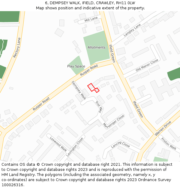 6, DEMPSEY WALK, IFIELD, CRAWLEY, RH11 0LW: Location map and indicative extent of plot