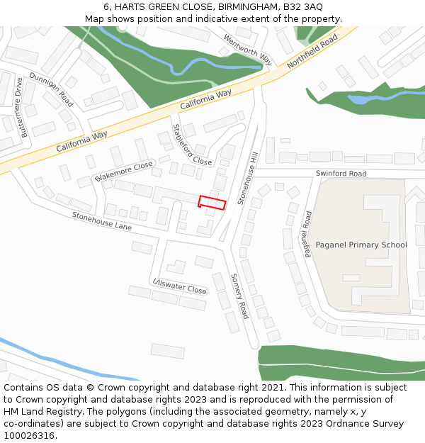 6, HARTS GREEN CLOSE, BIRMINGHAM, B32 3AQ: Location map and indicative extent of plot