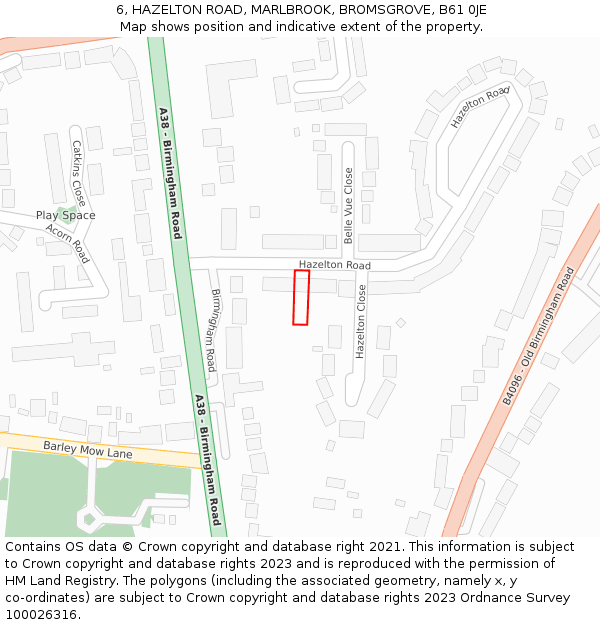 6, HAZELTON ROAD, MARLBROOK, BROMSGROVE, B61 0JE: Location map and indicative extent of plot