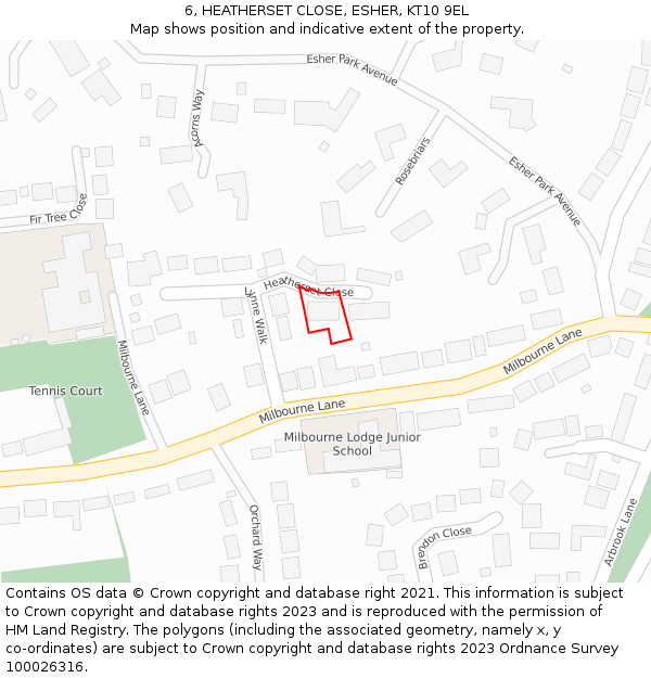 6, HEATHERSET CLOSE, ESHER, KT10 9EL: Location map and indicative extent of plot