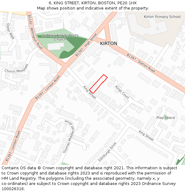 6, KING STREET, KIRTON, BOSTON, PE20 1HX: Location map and indicative extent of plot