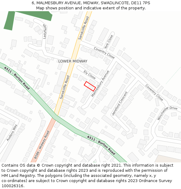 6, MALMESBURY AVENUE, MIDWAY, SWADLINCOTE, DE11 7PS: Location map and indicative extent of plot