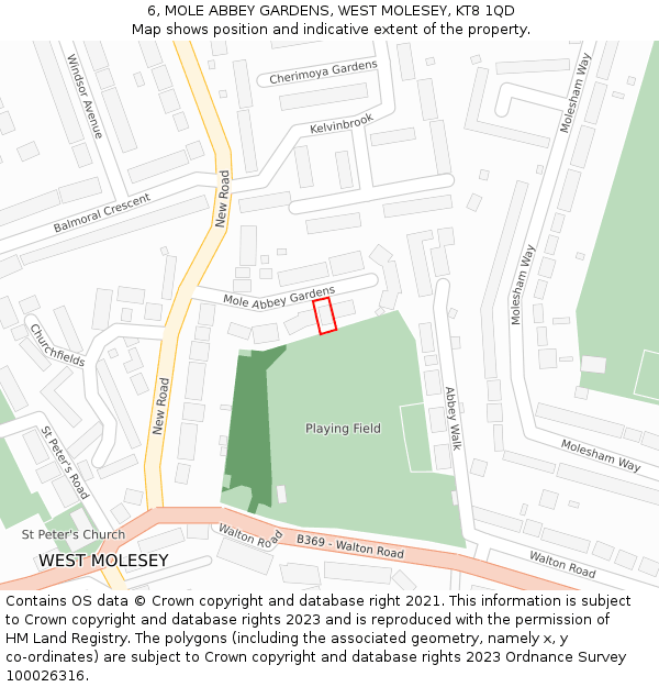 6, MOLE ABBEY GARDENS, WEST MOLESEY, KT8 1QD: Location map and indicative extent of plot