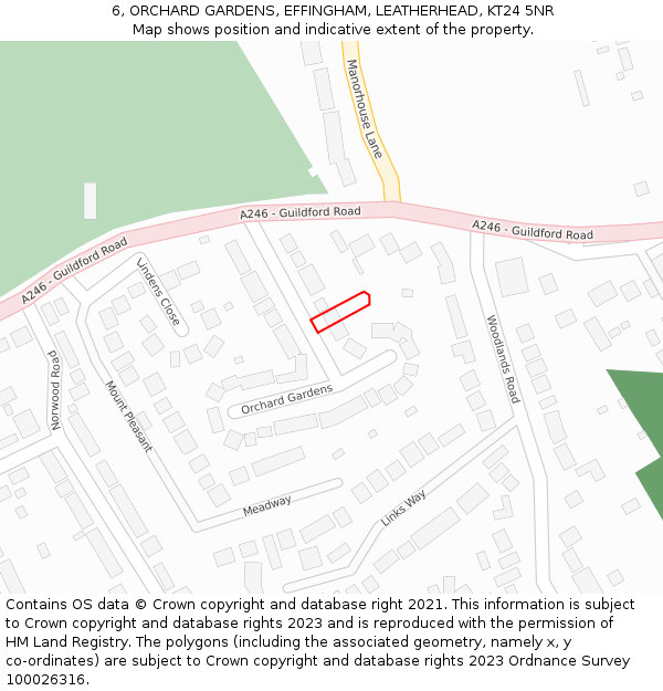 6, ORCHARD GARDENS, EFFINGHAM, LEATHERHEAD, KT24 5NR: Location map and indicative extent of plot