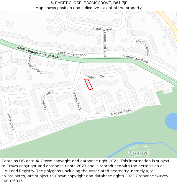 6, PAGET CLOSE, BROMSGROVE, B61 7JE: Location map and indicative extent of plot