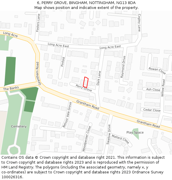 6, PERRY GROVE, BINGHAM, NOTTINGHAM, NG13 8DA: Location map and indicative extent of plot