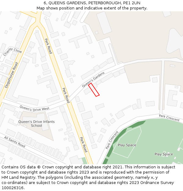 6, QUEENS GARDENS, PETERBOROUGH, PE1 2UN: Location map and indicative extent of plot