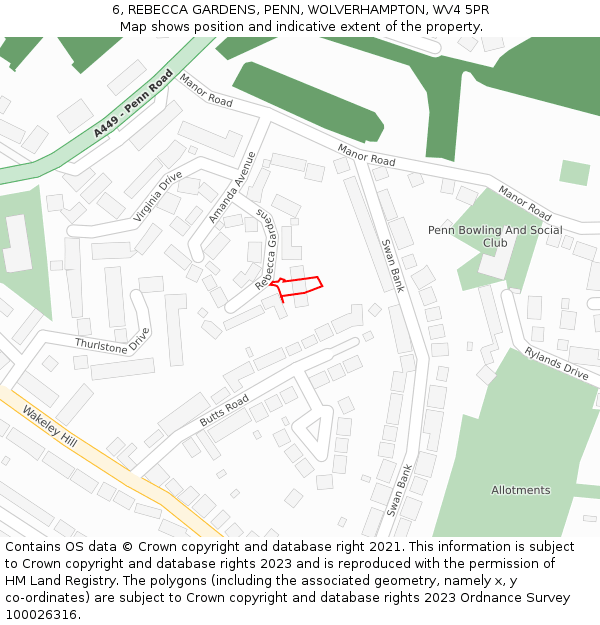 6, REBECCA GARDENS, PENN, WOLVERHAMPTON, WV4 5PR: Location map and indicative extent of plot