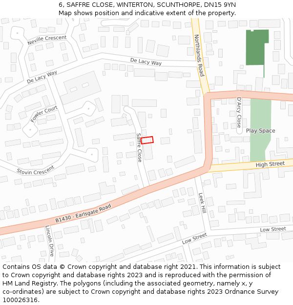 6, SAFFRE CLOSE, WINTERTON, SCUNTHORPE, DN15 9YN: Location map and indicative extent of plot