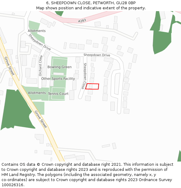 6, SHEEPDOWN CLOSE, PETWORTH, GU28 0BP: Location map and indicative extent of plot