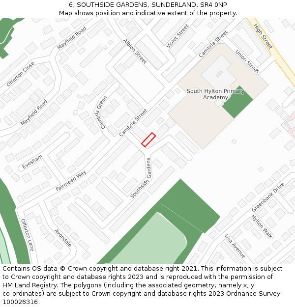 6, SOUTHSIDE GARDENS, SUNDERLAND, SR4 0NP: Location map and indicative extent of plot