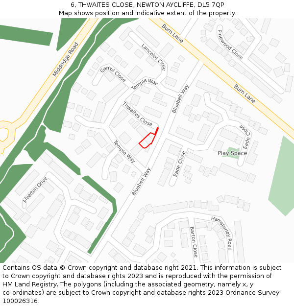 6, THWAITES CLOSE, NEWTON AYCLIFFE, DL5 7QP: Location map and indicative extent of plot