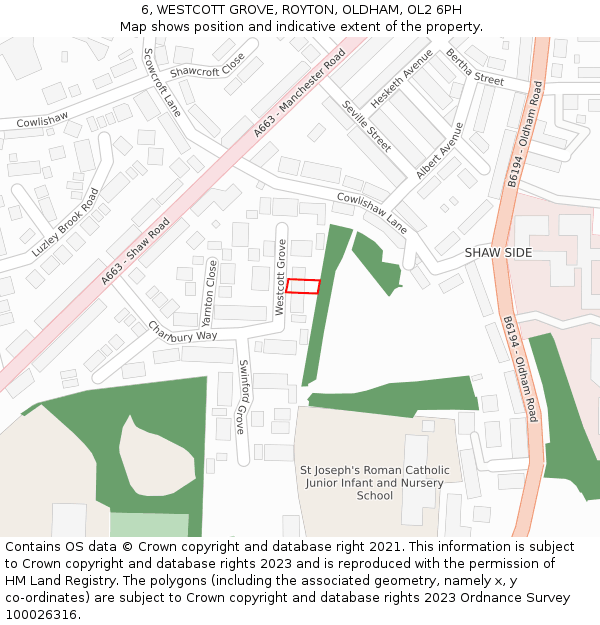 6, WESTCOTT GROVE, ROYTON, OLDHAM, OL2 6PH: Location map and indicative extent of plot