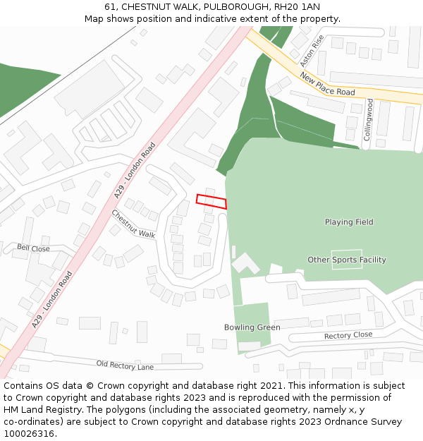 61, CHESTNUT WALK, PULBOROUGH, RH20 1AN: Location map and indicative extent of plot