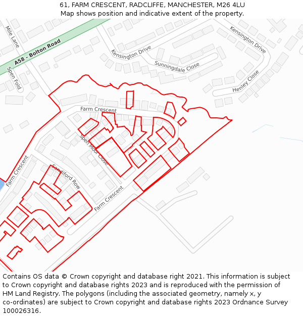 61, FARM CRESCENT, RADCLIFFE, MANCHESTER, M26 4LU: Location map and indicative extent of plot