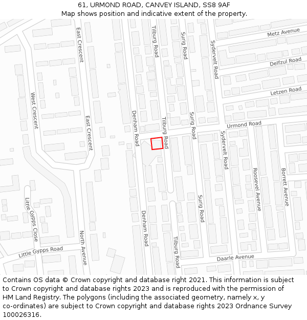 61, URMOND ROAD, CANVEY ISLAND, SS8 9AF: Location map and indicative extent of plot