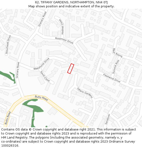 62, TIFFANY GARDENS, NORTHAMPTON, NN4 0TJ: Location map and indicative extent of plot