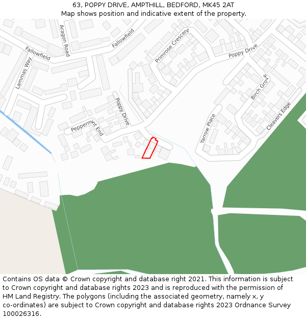 63, POPPY DRIVE, AMPTHILL, BEDFORD, MK45 2AT: Location map and indicative extent of plot