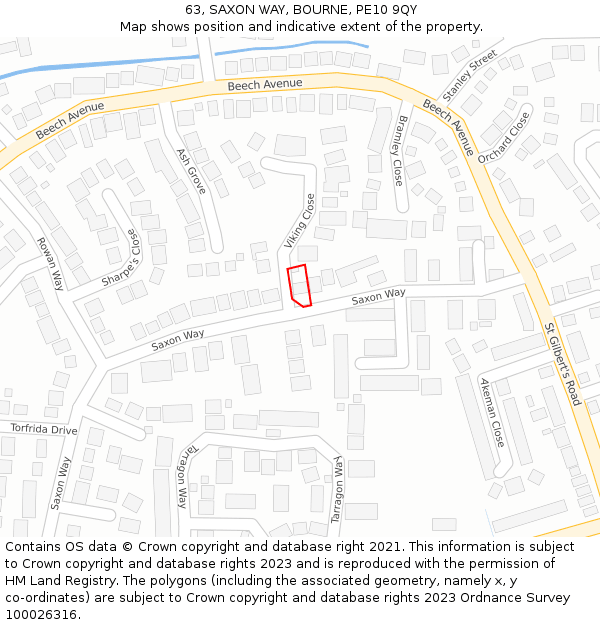 63, SAXON WAY, BOURNE, PE10 9QY: Location map and indicative extent of plot