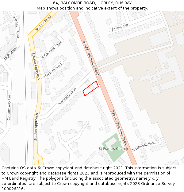 64, BALCOMBE ROAD, HORLEY, RH6 9AY: Location map and indicative extent of plot