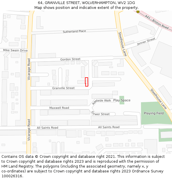 64, GRANVILLE STREET, WOLVERHAMPTON, WV2 1DG: Location map and indicative extent of plot