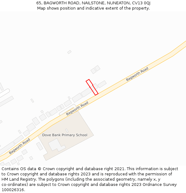 65, BAGWORTH ROAD, NAILSTONE, NUNEATON, CV13 0QJ: Location map and indicative extent of plot