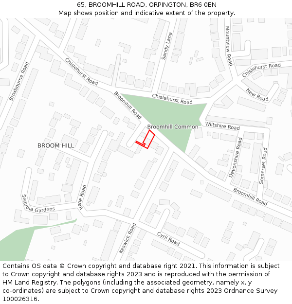 65, BROOMHILL ROAD, ORPINGTON, BR6 0EN: Location map and indicative extent of plot