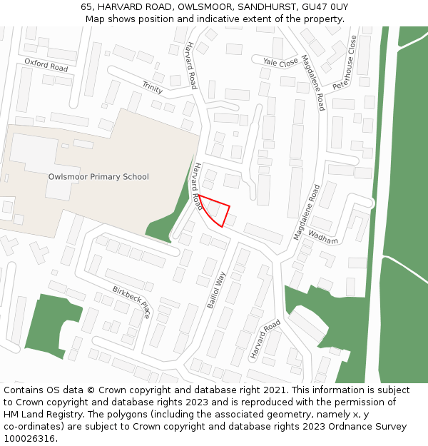 65, HARVARD ROAD, OWLSMOOR, SANDHURST, GU47 0UY: Location map and indicative extent of plot