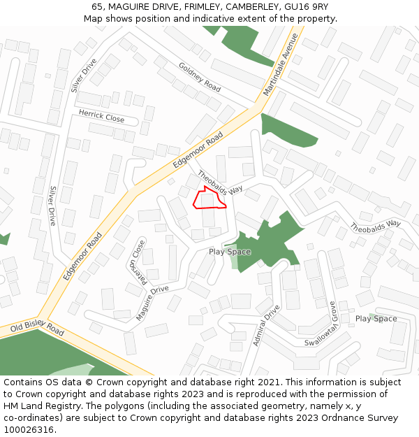 65, MAGUIRE DRIVE, FRIMLEY, CAMBERLEY, GU16 9RY: Location map and indicative extent of plot