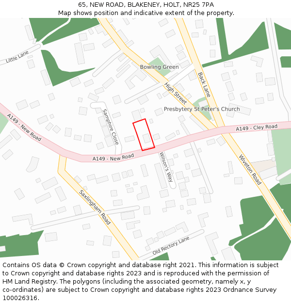 65, NEW ROAD, BLAKENEY, HOLT, NR25 7PA: Location map and indicative extent of plot