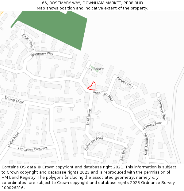 65, ROSEMARY WAY, DOWNHAM MARKET, PE38 9UB: Location map and indicative extent of plot