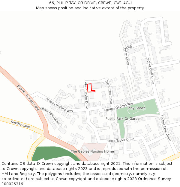 66, PHILIP TAYLOR DRIVE, CREWE, CW1 4GU: Location map and indicative extent of plot