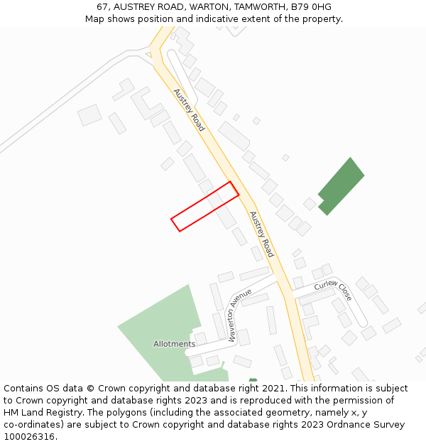 67, AUSTREY ROAD, WARTON, TAMWORTH, B79 0HG: Location map and indicative extent of plot